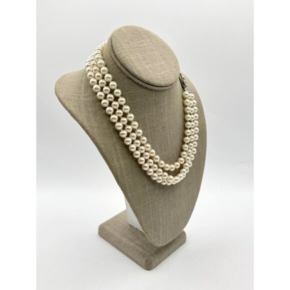 Vintage 3 Strand Hand Knotted Faux Pearls Rhinestones On Clasp - Picture 2 of 4
